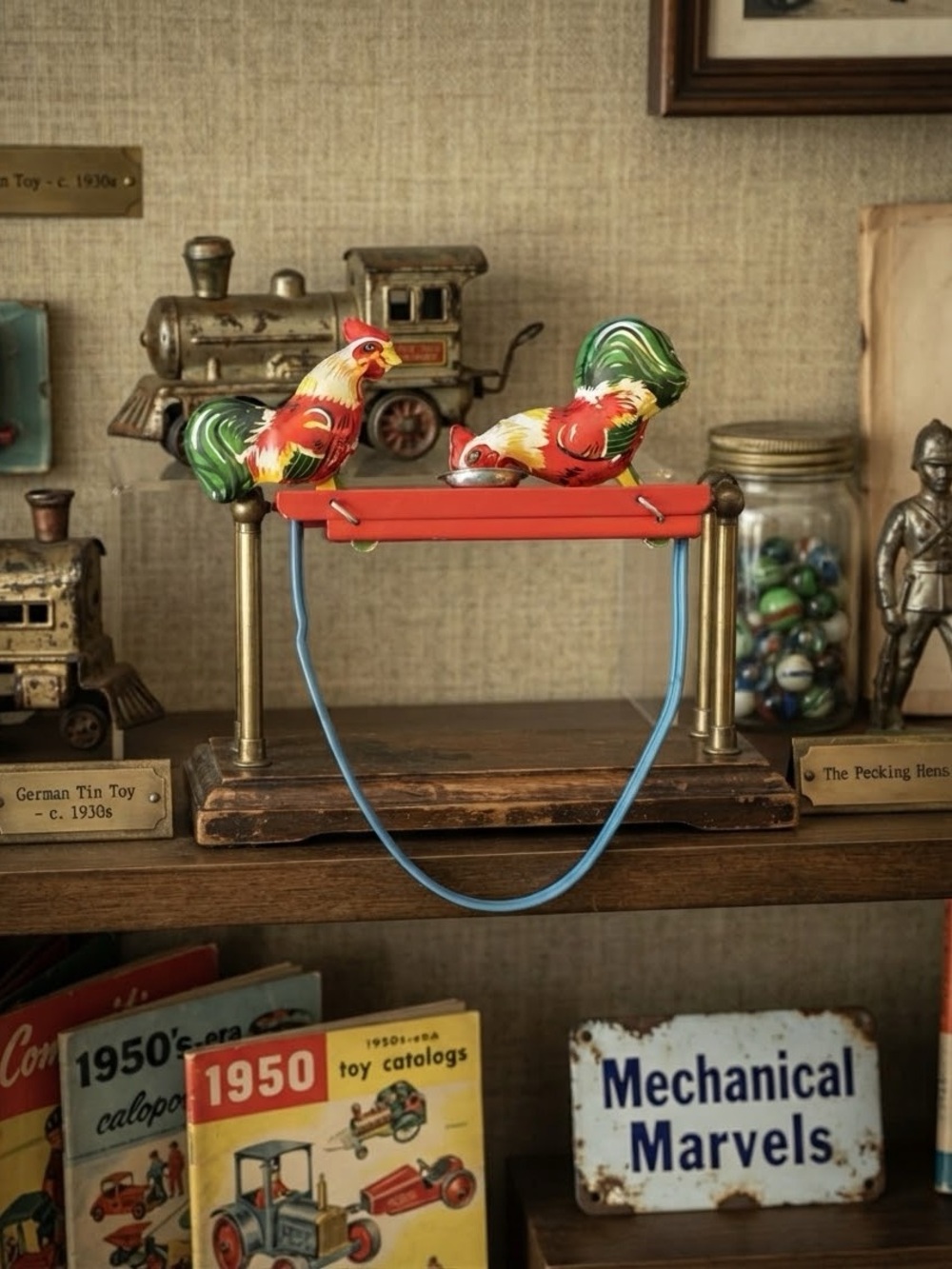 Vintage tin lithograph mechanical pecking rooster toy MM 059